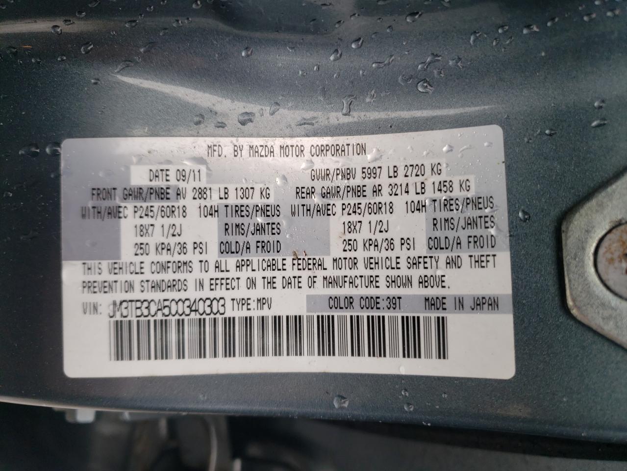Photo 10 from auction – 2012 MAZDA CX-9 with VIN JM3TB3CA5C0340303