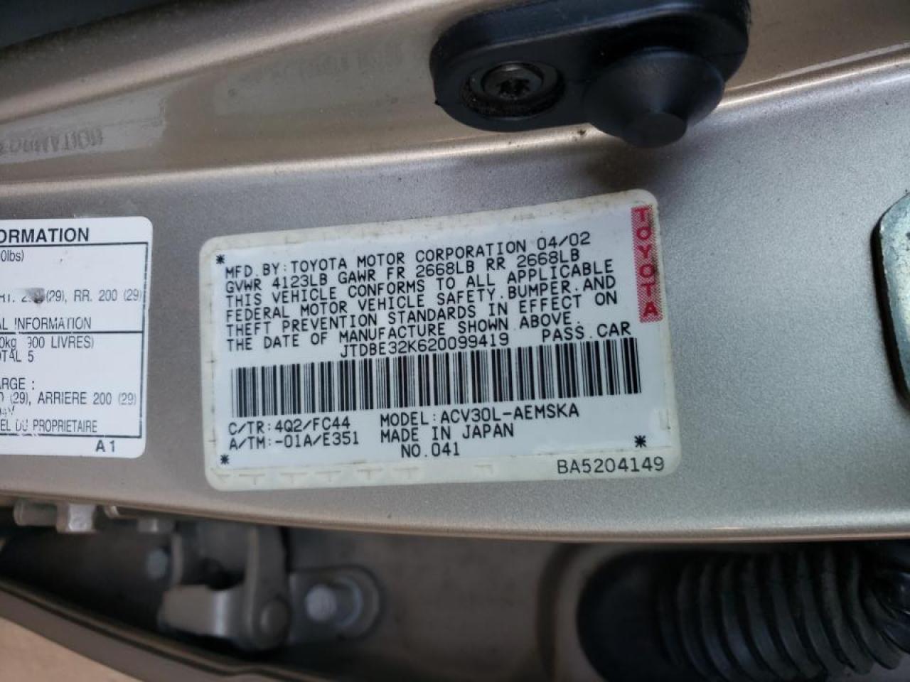 Photo 10 from auction – 2002 TOYOTA CAMRY LE with VIN JTDBE32K620099419