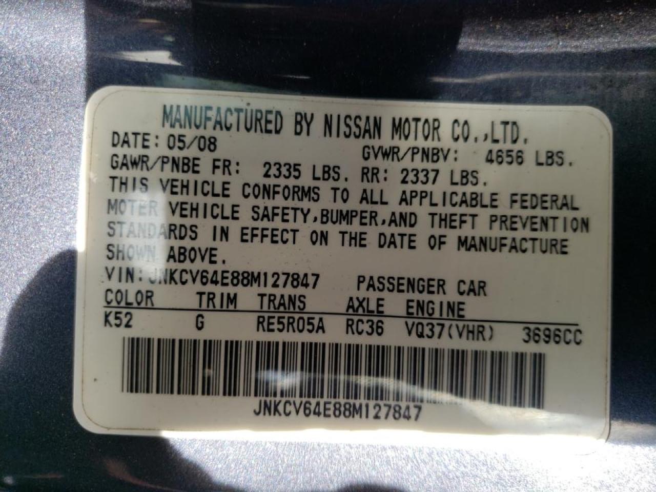 Photo 10 from auction – 2008 INFINITI G37 BASE with VIN JNKCV64E88M127847