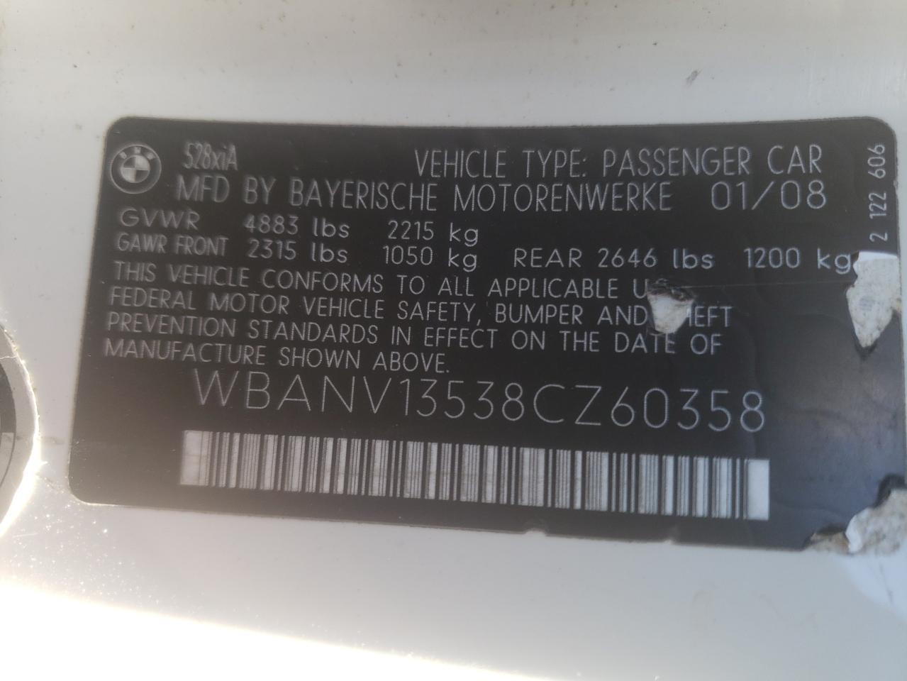 Photo 10 from auction – 2008 BMW 528 XI with VIN WBANV13538CZ60358