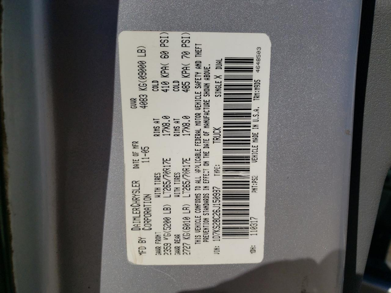 Photo 10 from auction – 2006 DODGE RAM 2500 S with VIN 1D7KS28C26J150987