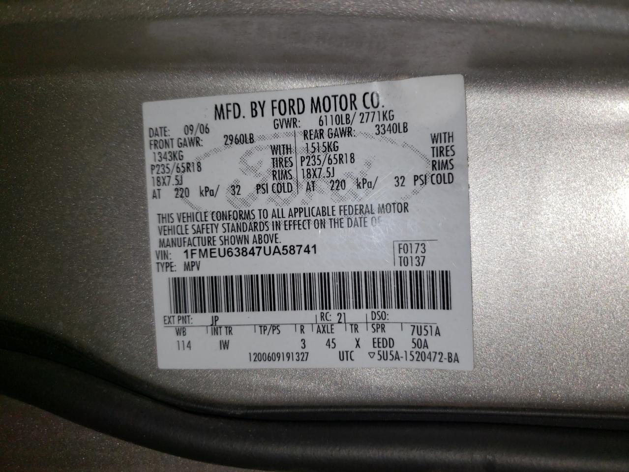 Photo 10 from auction – 2007 FORD EXPLORER X with VIN 1FMEU63847UA58741