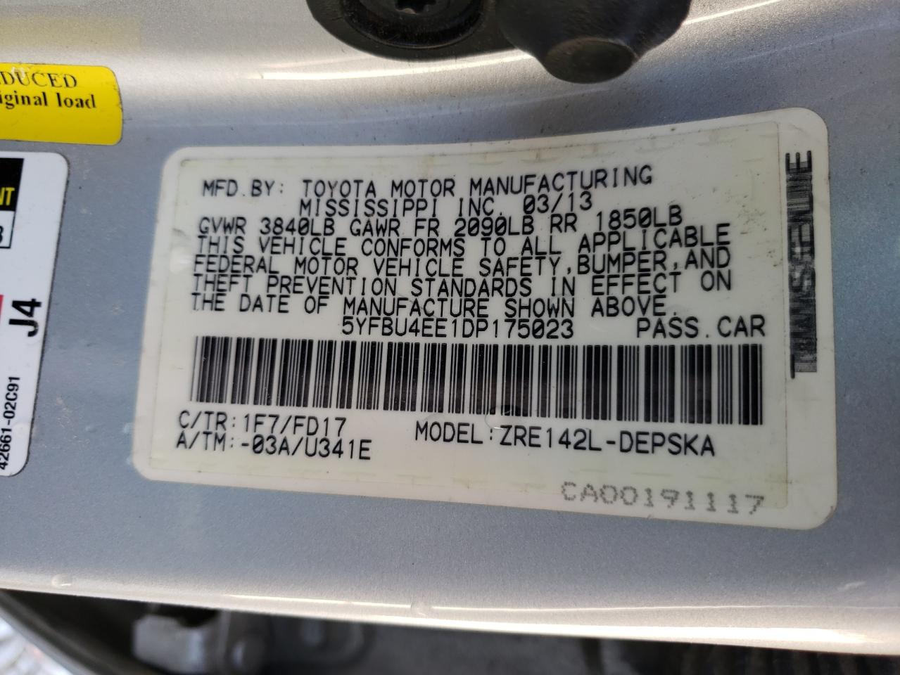 Photo 10 from auction – 2013 TOYOTA COROLLA BA with VIN 5YFBU4EE1DP175023