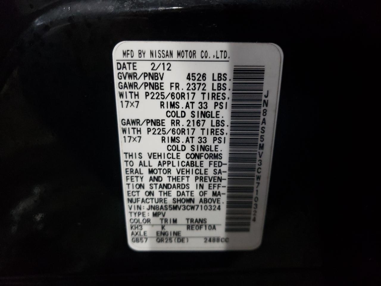 Photo 10 from auction – 2012 NISSAN ROGUE S with VIN JN8AS5MV3CW710324