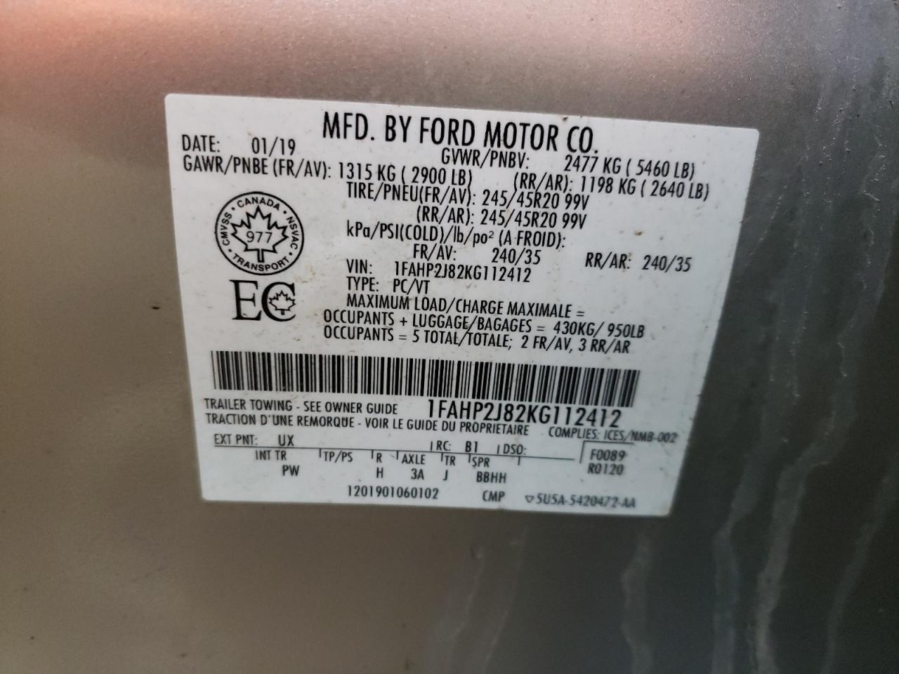 Photo 10 from auction – 2019 FORD TAURUS LIM with VIN 1FAHP2J82KG112412
