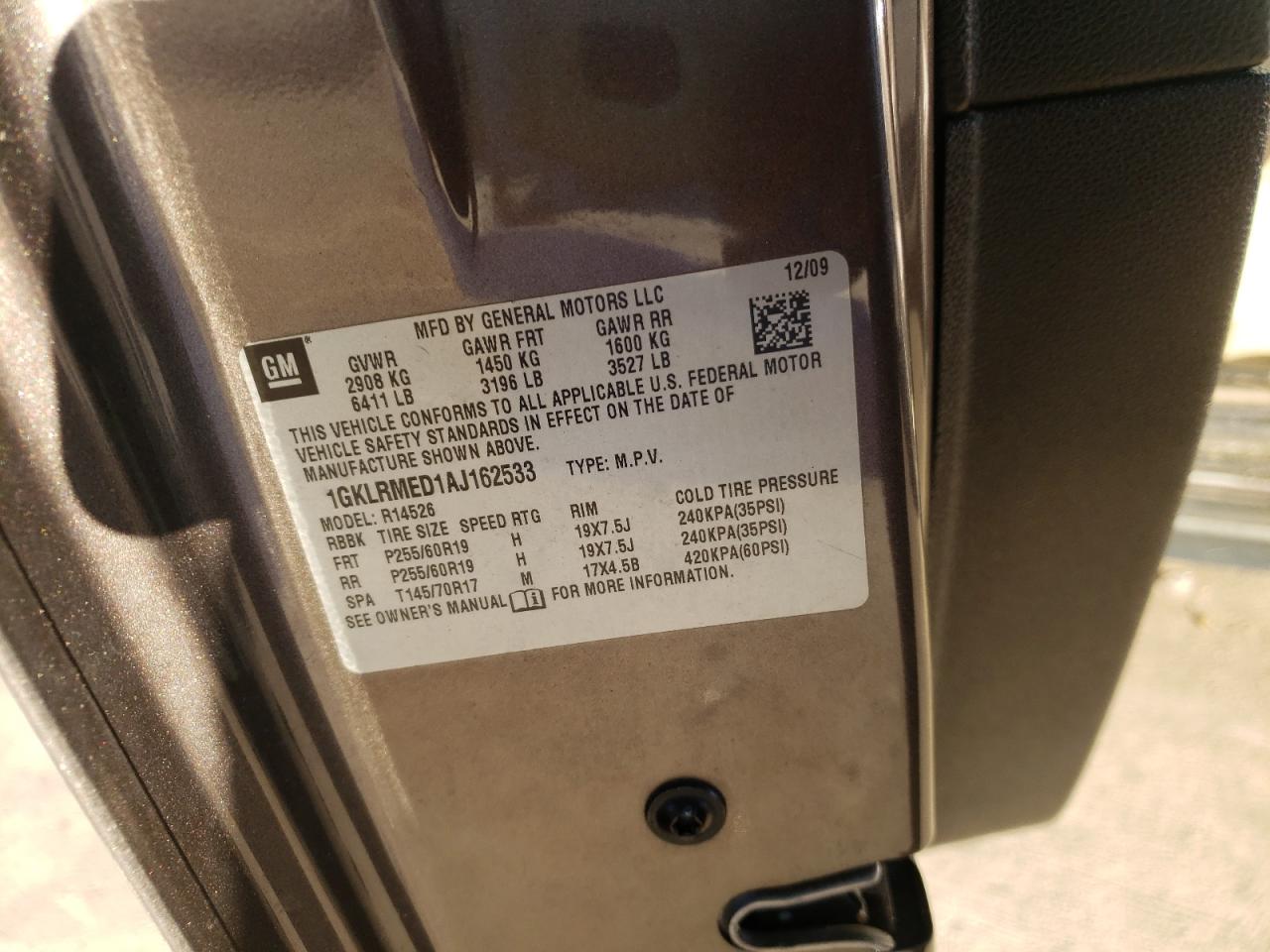 Photo 10 from auction – 2010 GMC ACADIA SLT with VIN 1GKLRMED1AJ162533