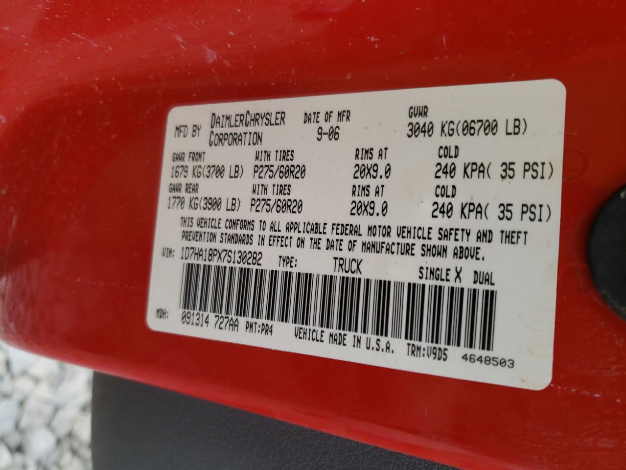 Photo 10 from auction – 2007 DODGE RAM 1500 S with VIN 1D7HA18PX7S130282