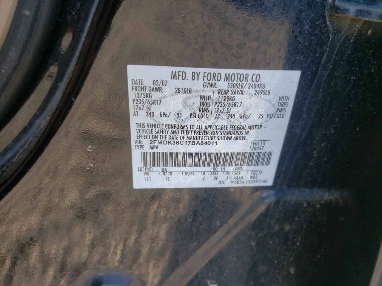 Photo 10 from auction – 2007 FORD EDGE SE with VIN 2FMDK36C17BA84011