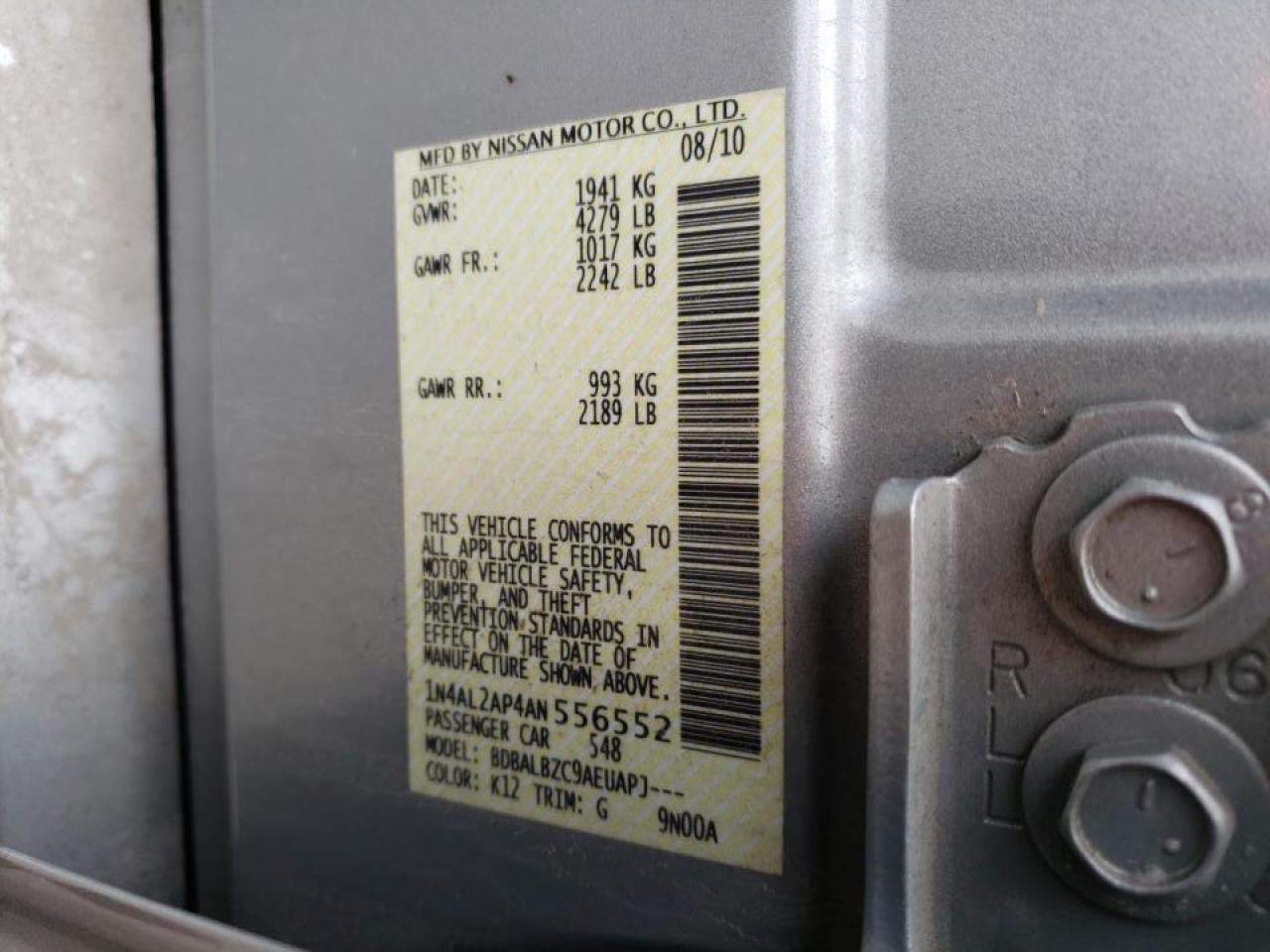 Photo 10 from auction – 2010 NISSAN ALTIMA BAS with VIN 1N4AL2AP4AN556552
