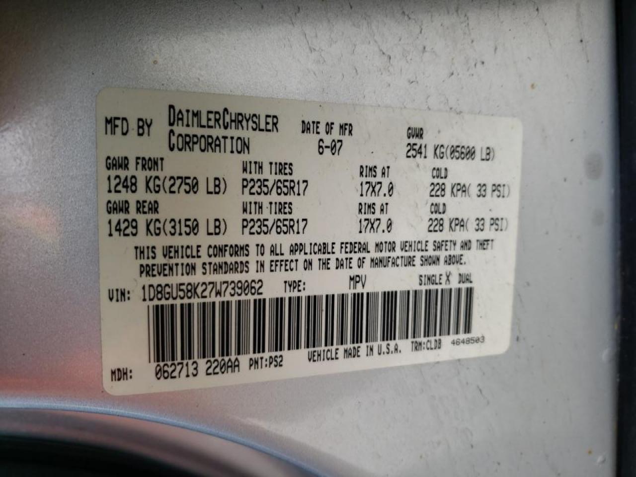 Photo 10 from auction – 2007 DODGE NITRO SLT with VIN 1D8GU58K27W739062