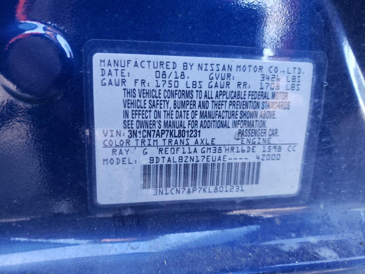Photo 10 from auction – 2019 NISSAN VERSA S with VIN 3N1CN7AP7KL801231