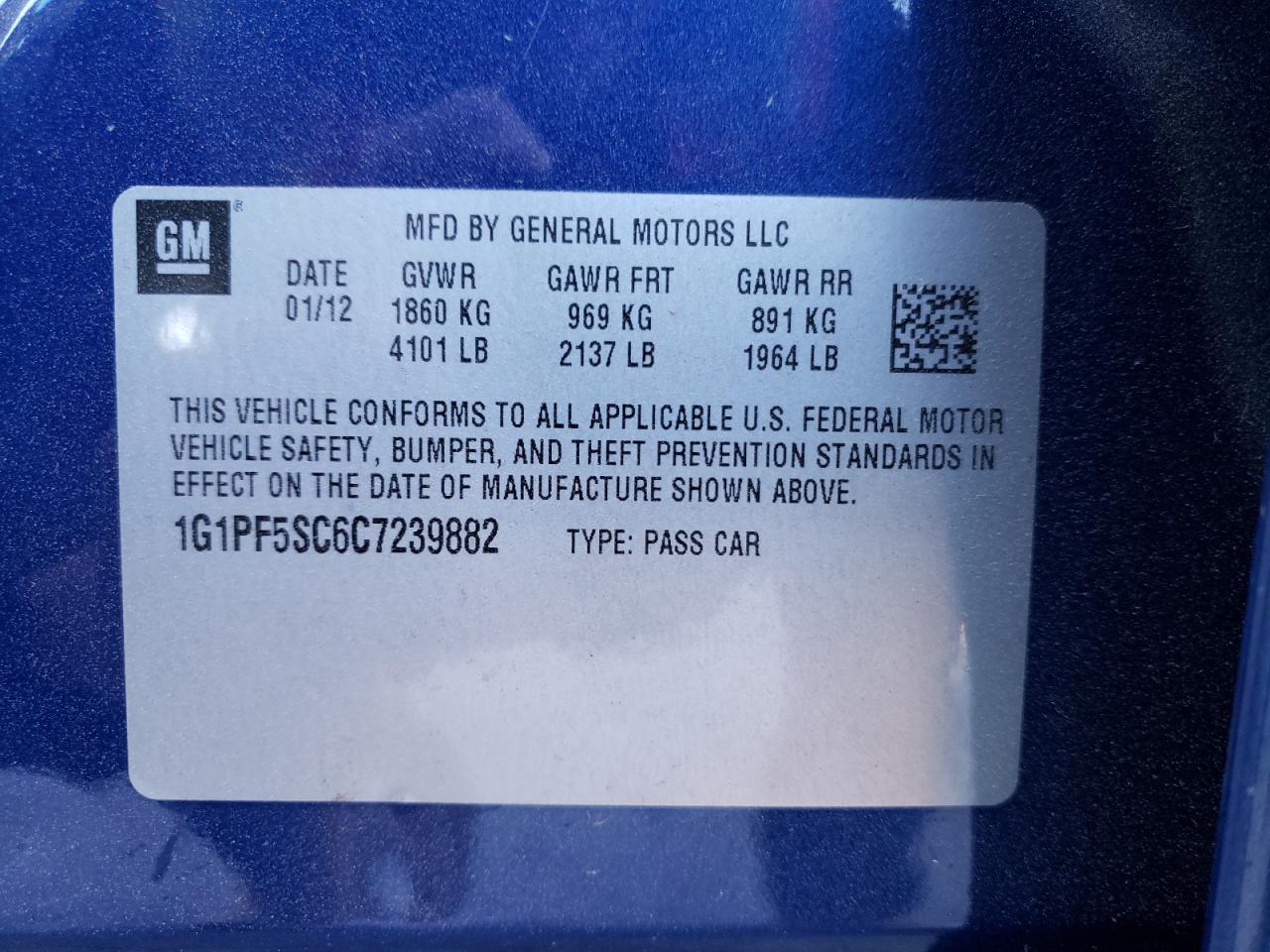 Photo 10 from auction – 2012 CHEVROLET CRUZE LT with VIN 1G1PF5SC6C7239882