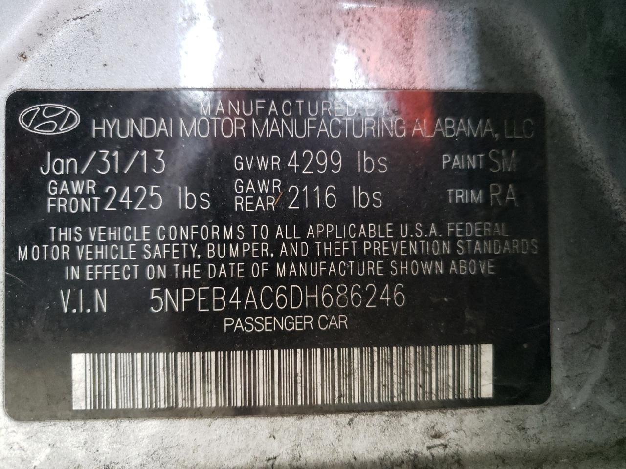 Photo 10 from auction – 2013 HYUNDAI SONATA GLS with VIN 5NPEB4AC6DH686246