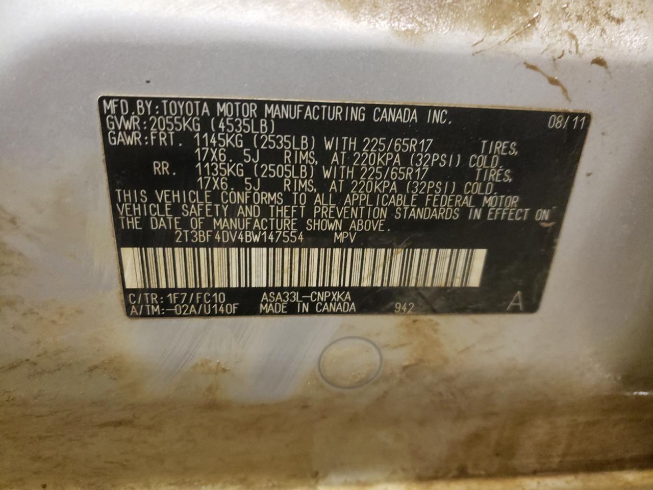 Photo 10 from auction – 2011 TOYOTA RAV4 with VIN 2T3BF4DV4BW147554
