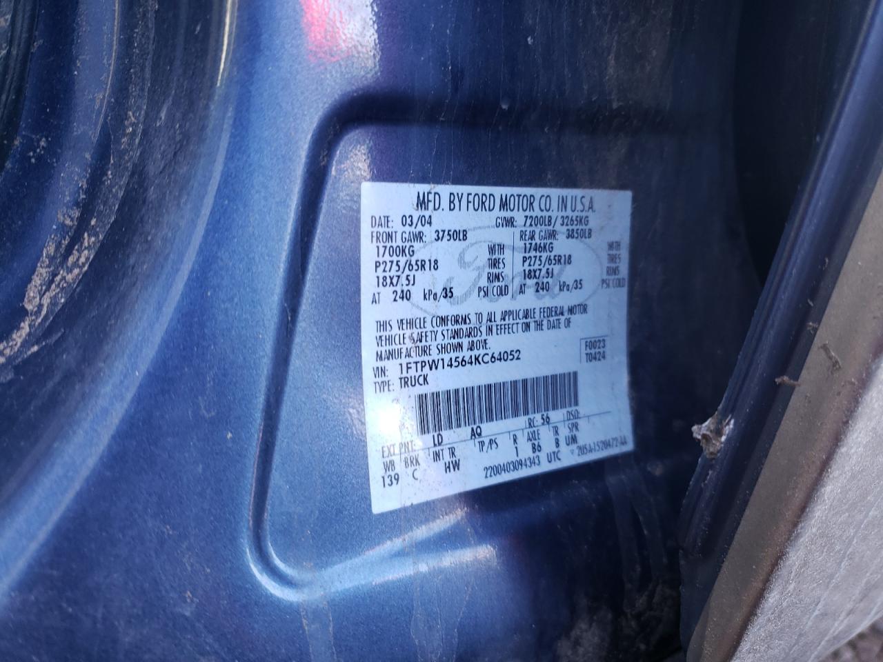 Photo 10 from auction – 2004 FORD F150 SUPER with VIN 1FTPW14564KC64052