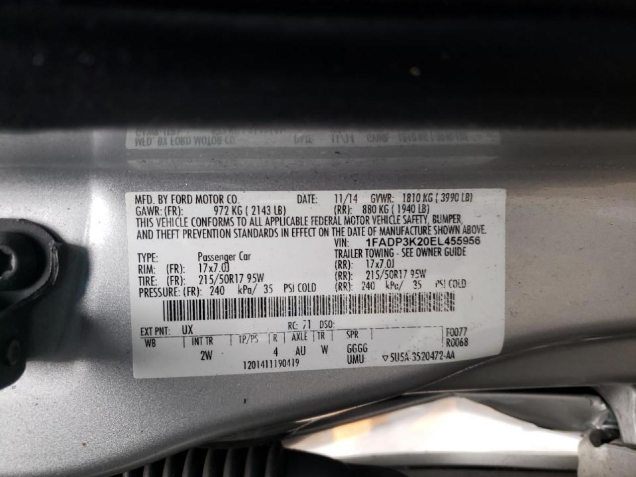 Photo 10 from auction – 2014 FORD FOCUS SE with VIN 1FADP3K20EL455956