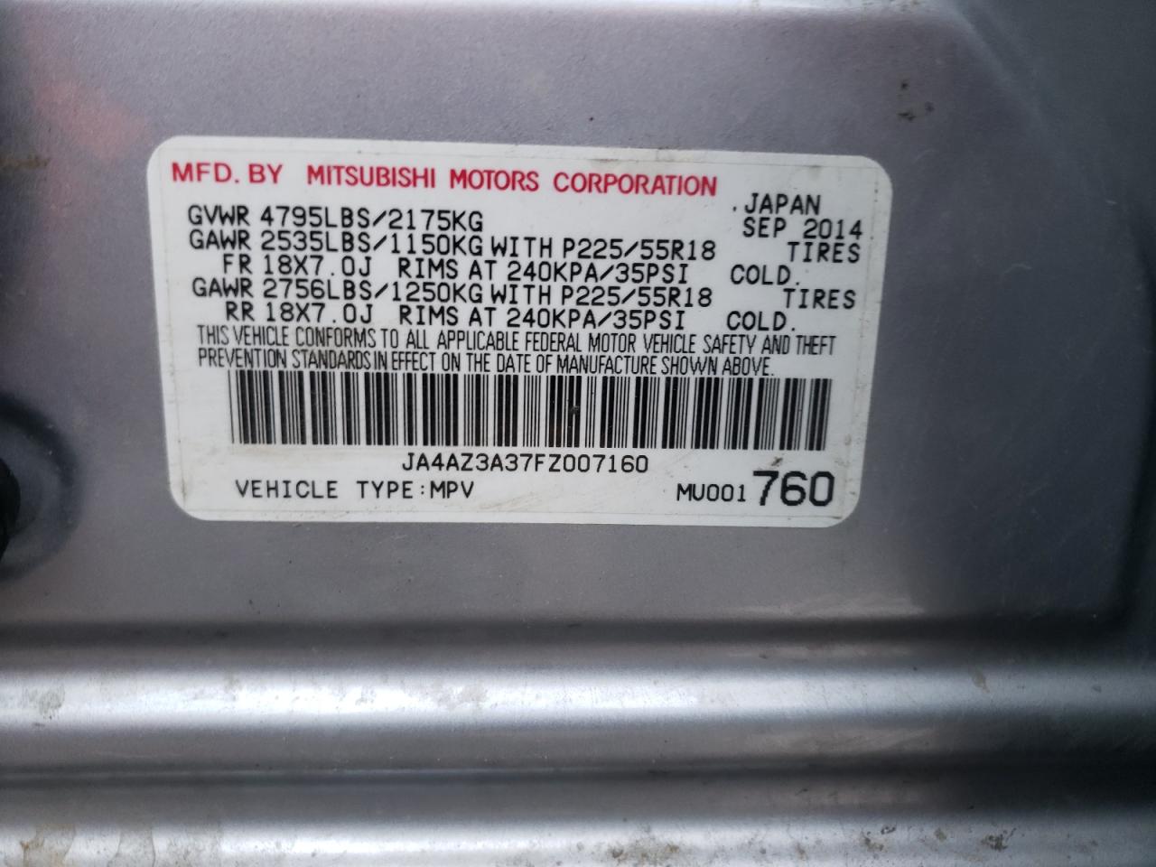Photo 10 from auction – 2015 MITSUBISHI OUTLANDER with VIN JA4AZ3A37FZ007160
