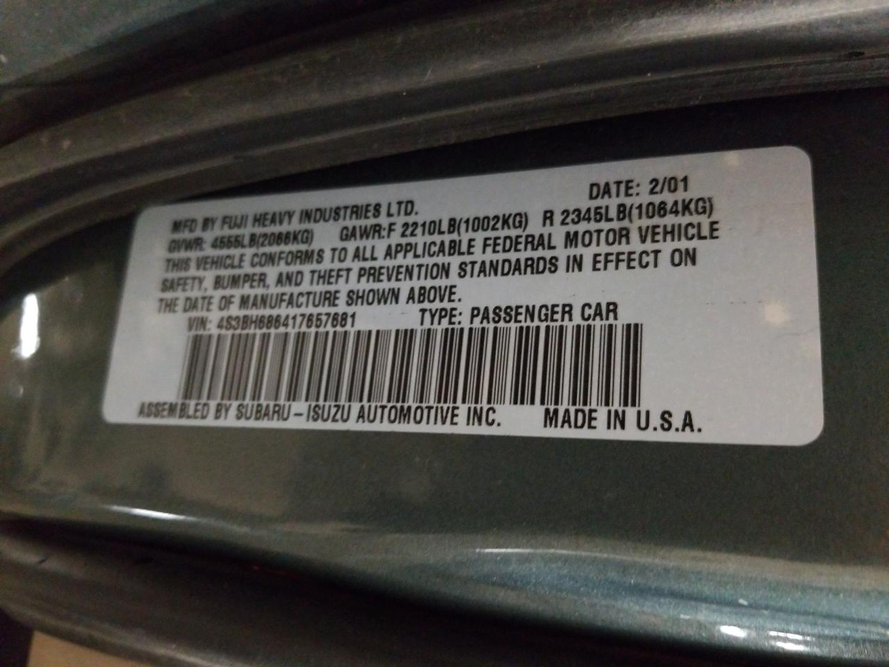 Photo 10 from auction – 2001 SUBARU LEGACY OUT with VIN 4S3BH686417657681