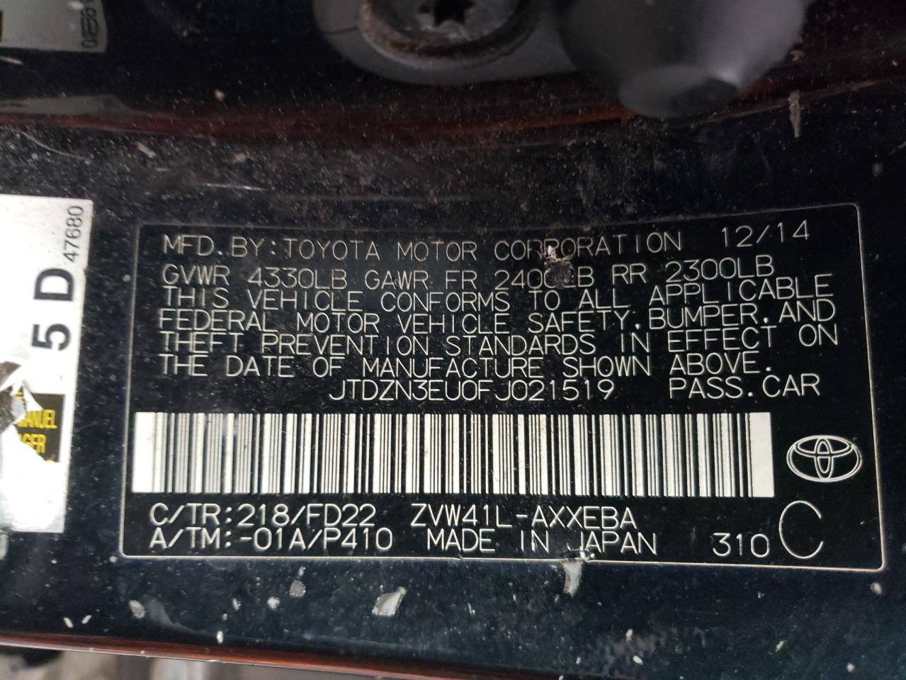Photo 10 from auction – 2015 TOYOTA PRIUS V with VIN JTDZN3EU0FJ021519