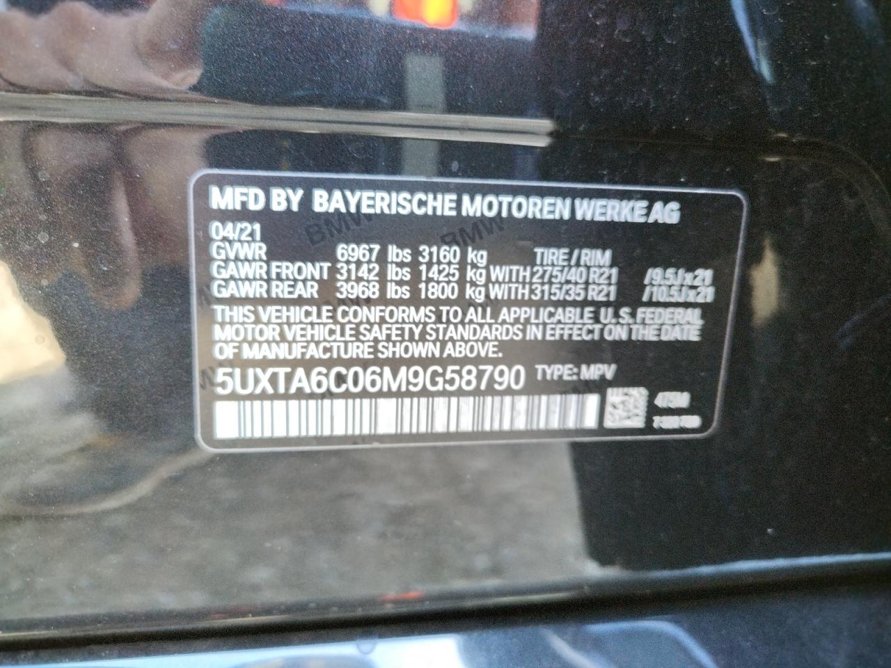 Photo 10 from auction – 2021 BMW X5 XDRIVE4 with VIN 5UXTA6C06M9G58790
