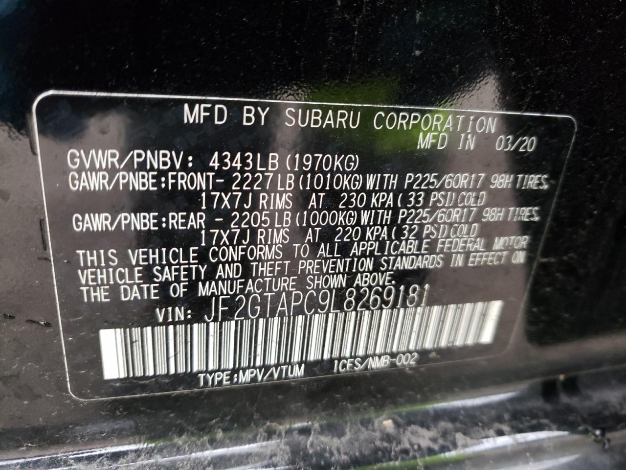 Photo 10 from auction – 2020 SUBARU CROSSTREK with VIN JF2GTAPC9L8269181