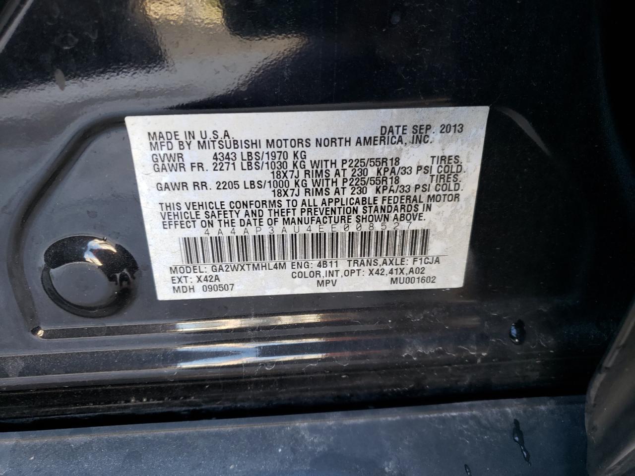 Photo 10 from auction – 2014 MITSUBISHI OUTLANDER with VIN 4A4AP3AU4EE008527