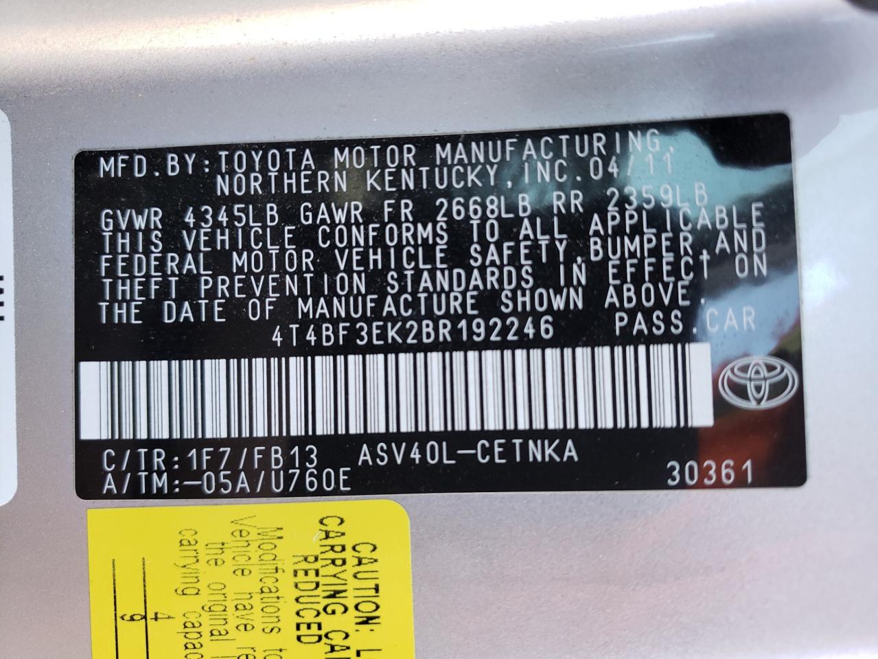 Photo 10 from auction – 2011 TOYOTA CAMRY BASE with VIN 4T4BF3EK2BR192246