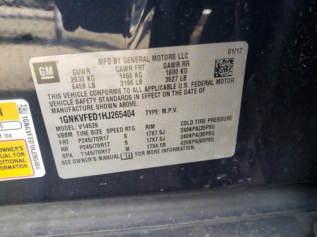Photo 10 from auction – 2017 CHEVROLET TRAVERSE L with VIN 1GNKVFED1HJ265404