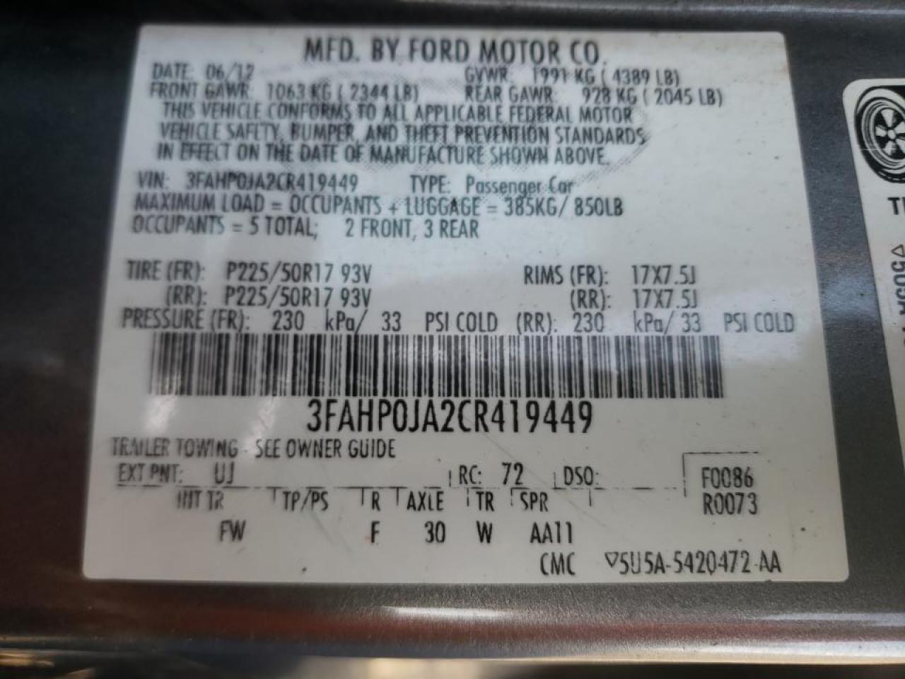 Photo 10 from auction – 2012 FORD FUSION SEL with VIN 3FAHP0JA2CR419449