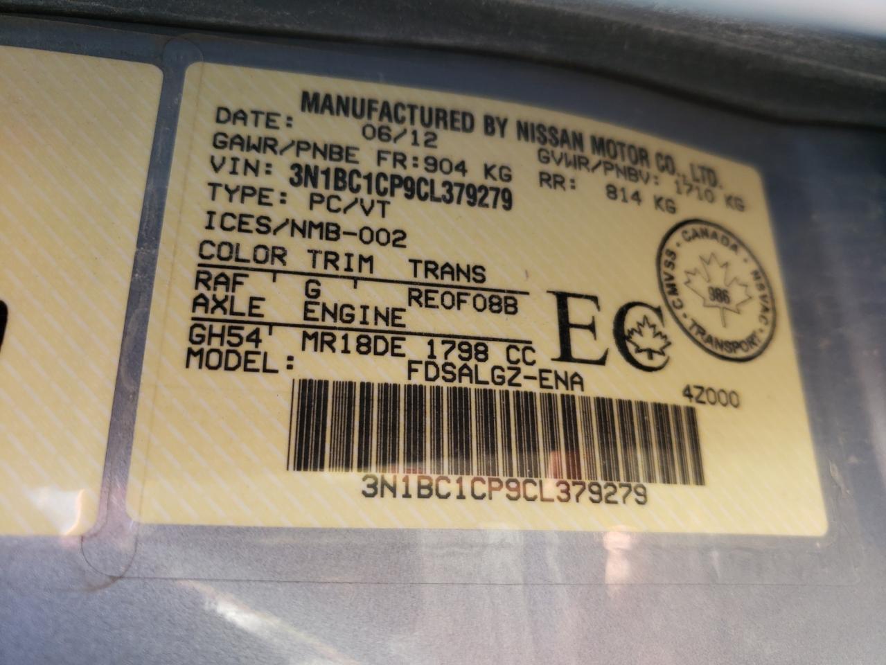 Photo 10 from auction – 2012 NISSAN VERSA S with VIN 3N1BC1CP9CL379279