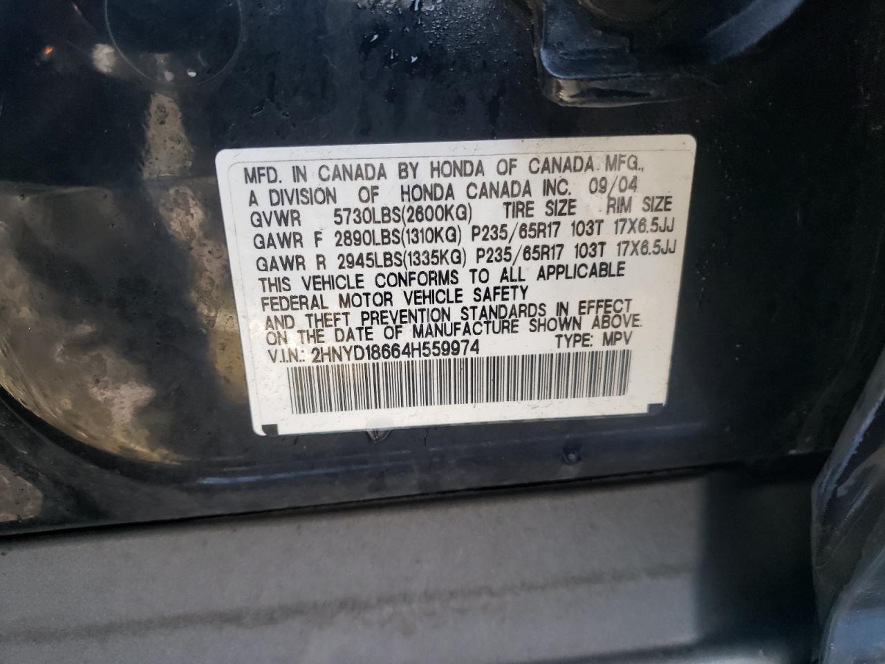 Photo 10 from auction – 2004 ACURA MDX with VIN 2HNYD18664H559974