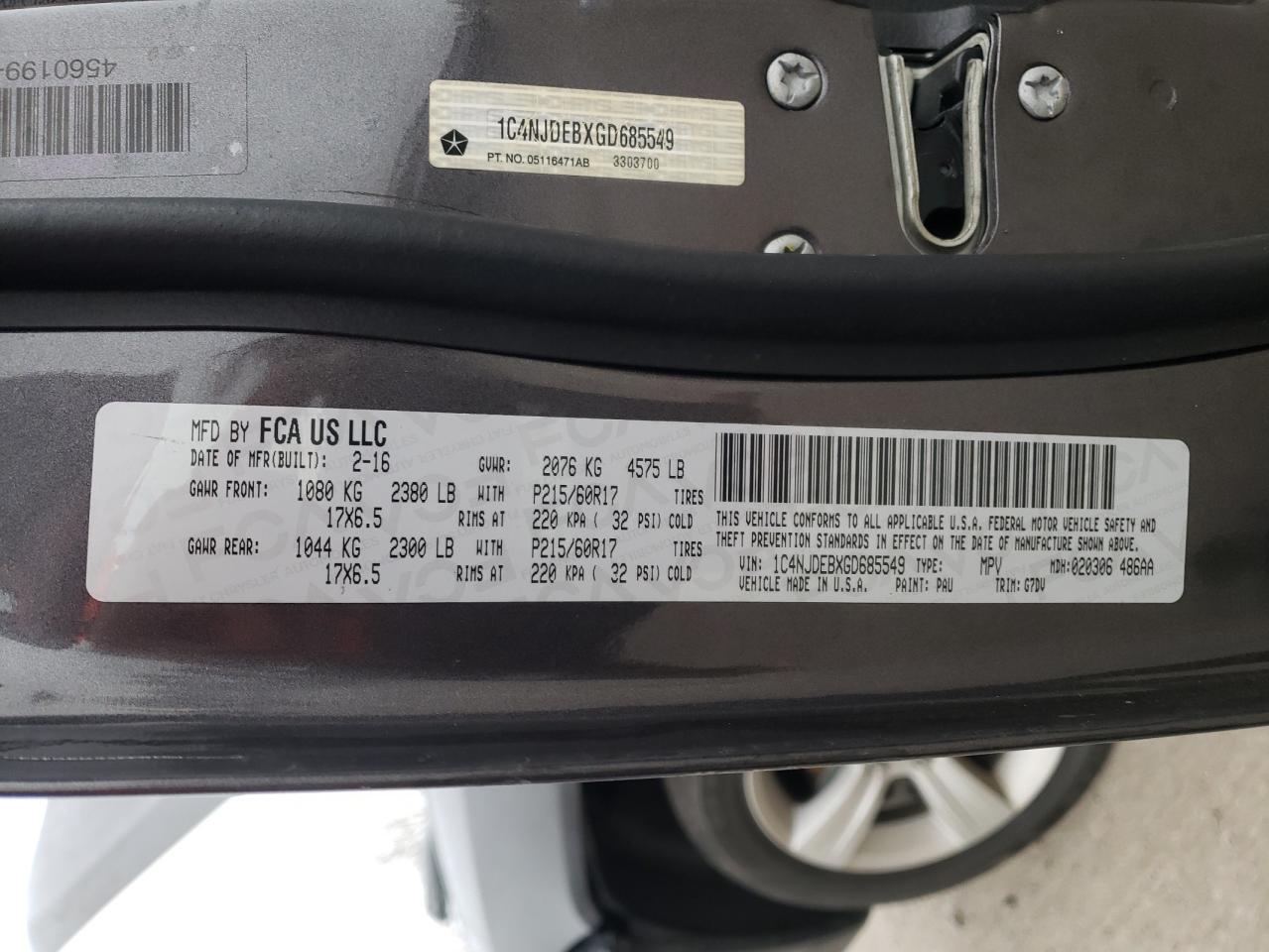 Photo 10 from auction – 2016 JEEP COMPASS LA with VIN 1C4NJDEBXGD685549