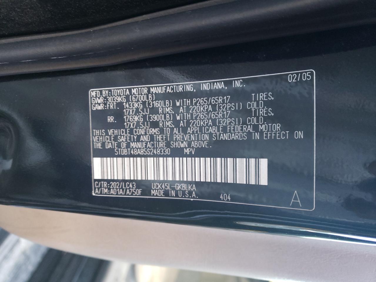 Foto 10 de la subasta – 2005 TOYOTA SEQUOIA con VIN 5TDBT48A85S248330