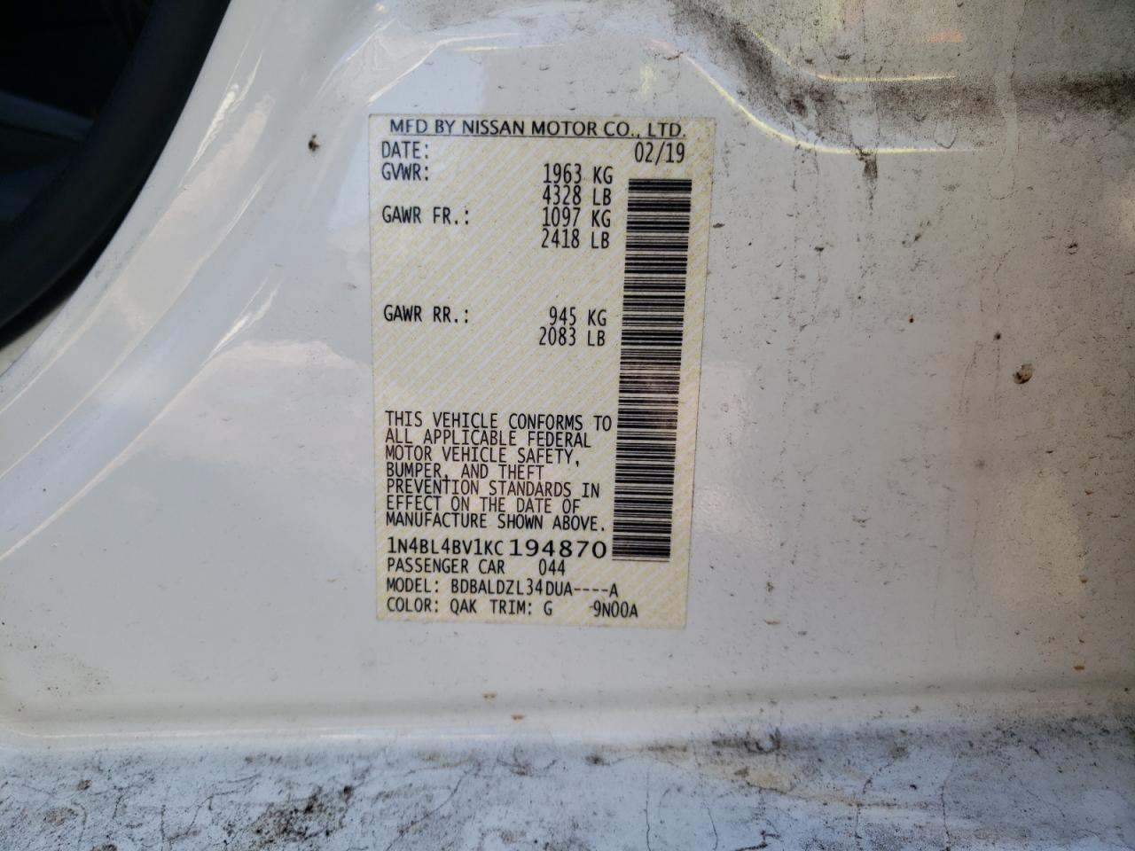 Photo 10 from auction – 2019 NISSAN ALTIMA S with VIN 1N4BL4BV1KC194870
