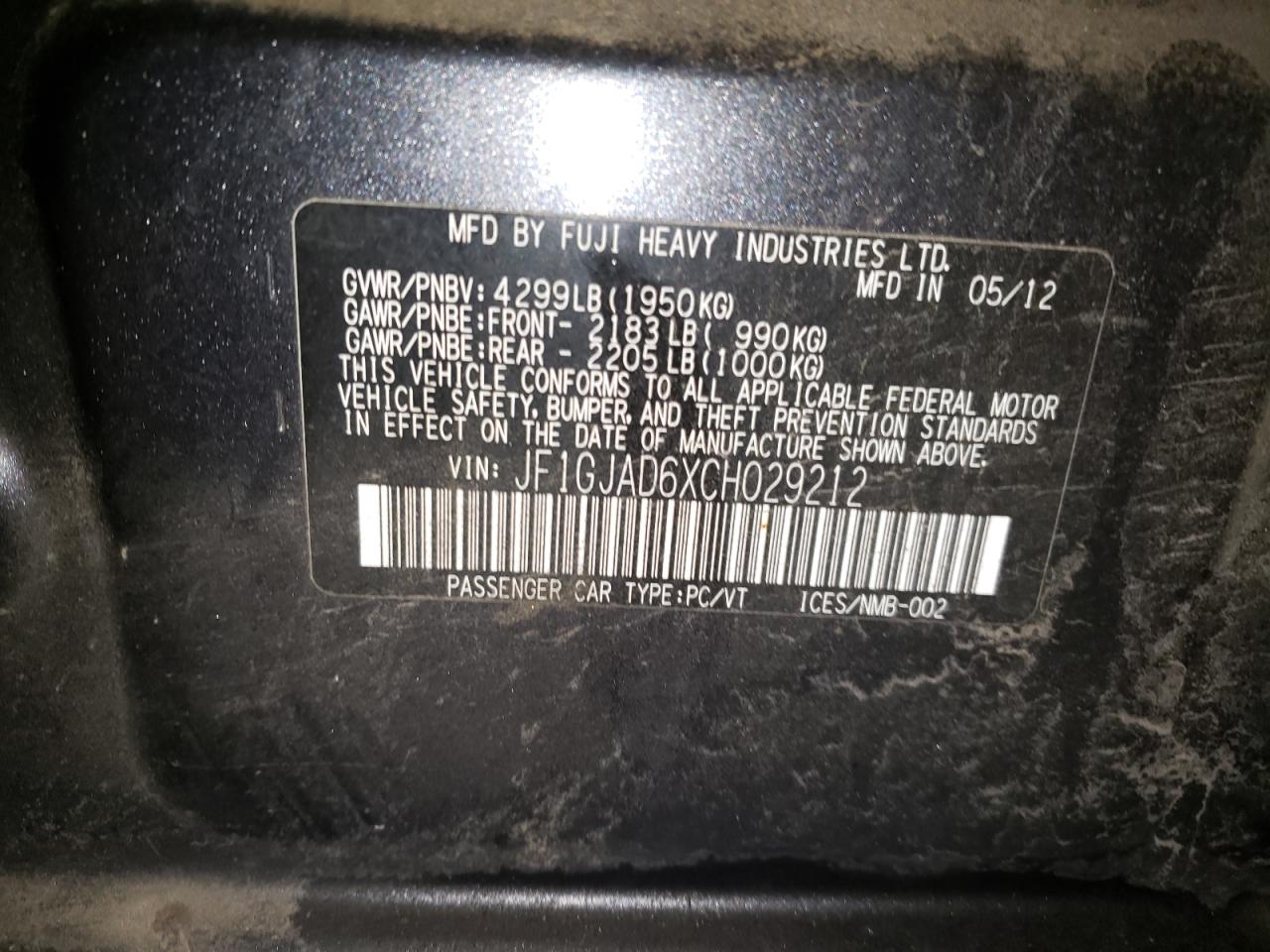 Photo 10 from auction – 2012 SUBARU IMPREZA PR with VIN JF1GJAD6XCH029212