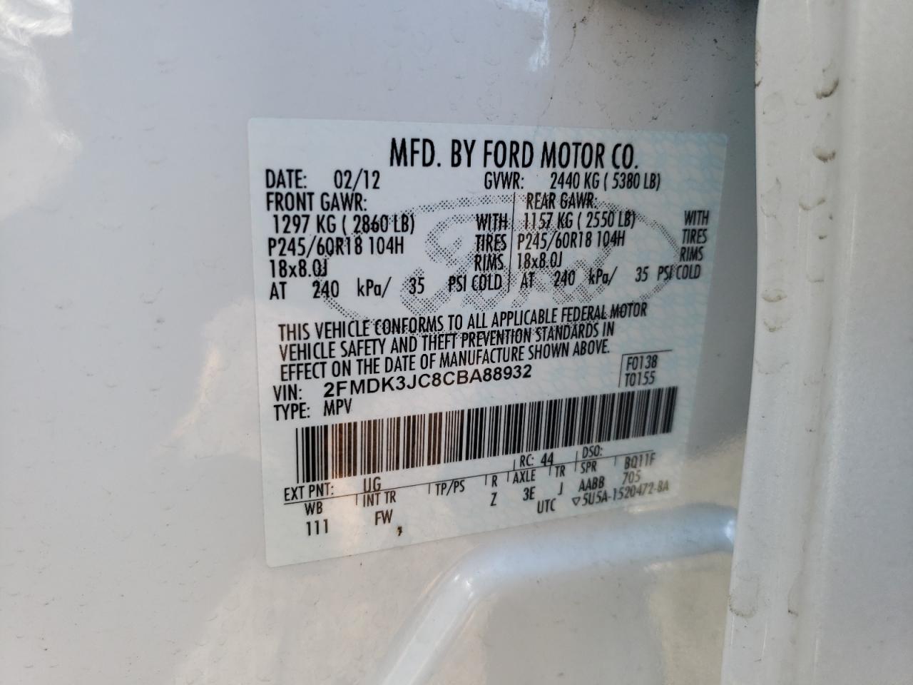 Photo 10 from auction – 2012 FORD EDGE SEL with VIN 2FMDK3JC8CBA88932