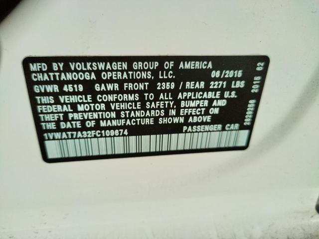 Photo 10 from auction – 2015 VOLKSWAGEN PASSAT S with VIN 1VWAT7A32FC109674