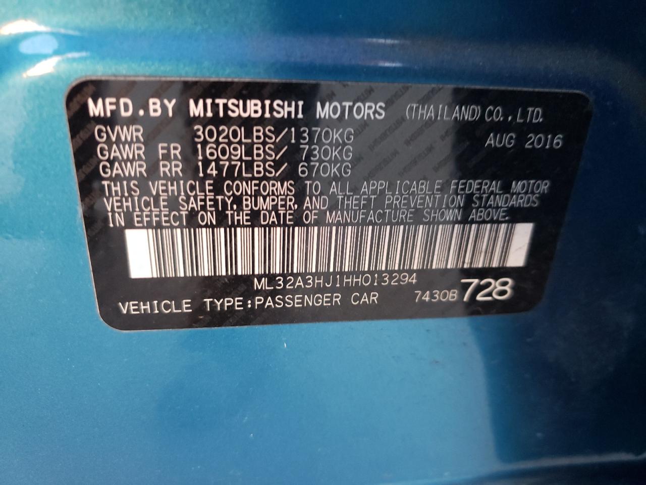 Photo 10 from auction – 2017 MITSUBISHI MIRAGE ES with VIN ML32A3HJ1HH013294