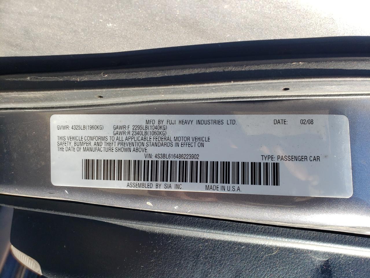 Photo 10 from auction – 2008 SUBARU LEGACY 2.5 with VIN 4S3BL616486223902
