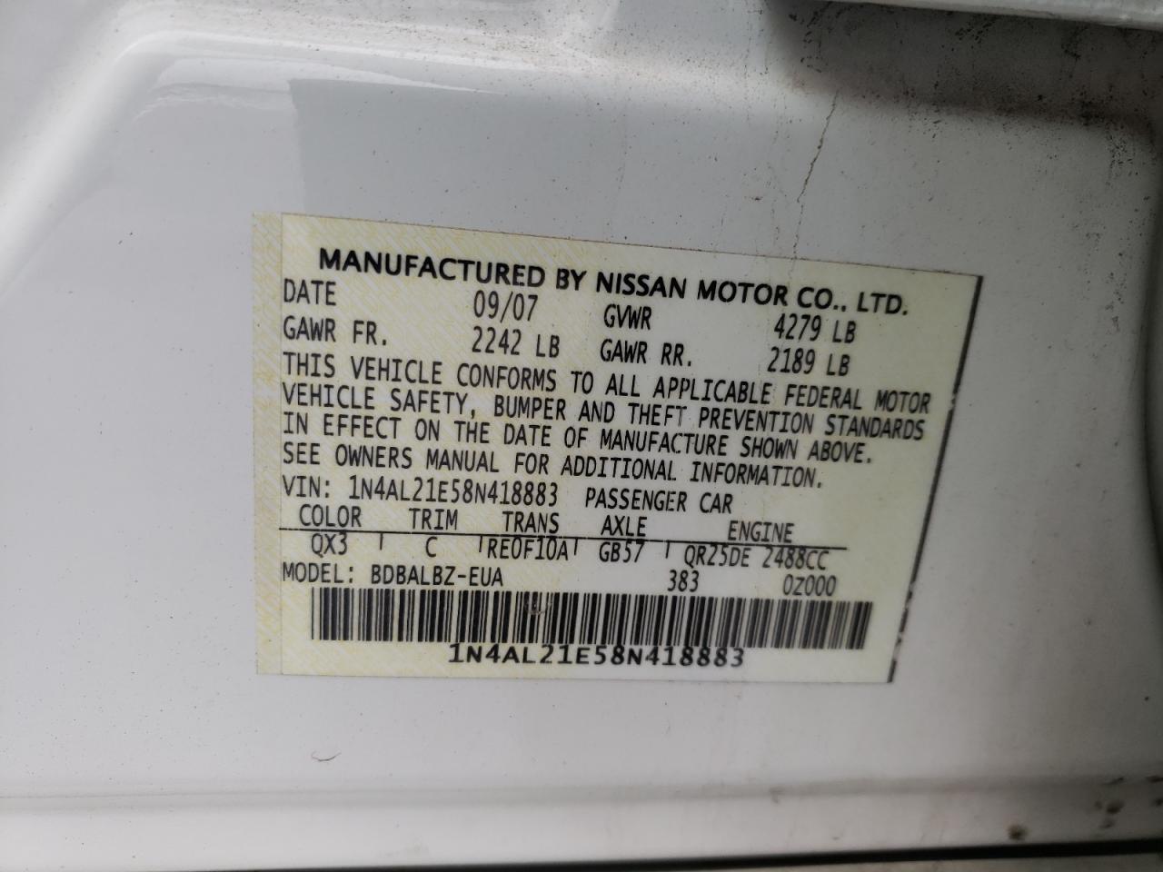 Photo 10 from auction – 2008 NISSAN ALTIMA with VIN 1N4AL21E58N418883