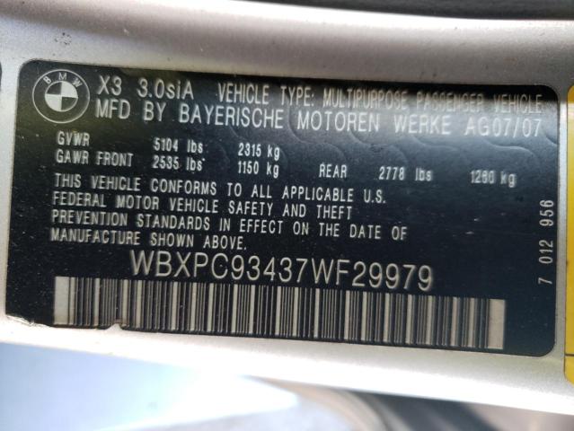 Photo 10 from auction – 2007 BMW X3 3.0SI with VIN WBXPC93437WF29979