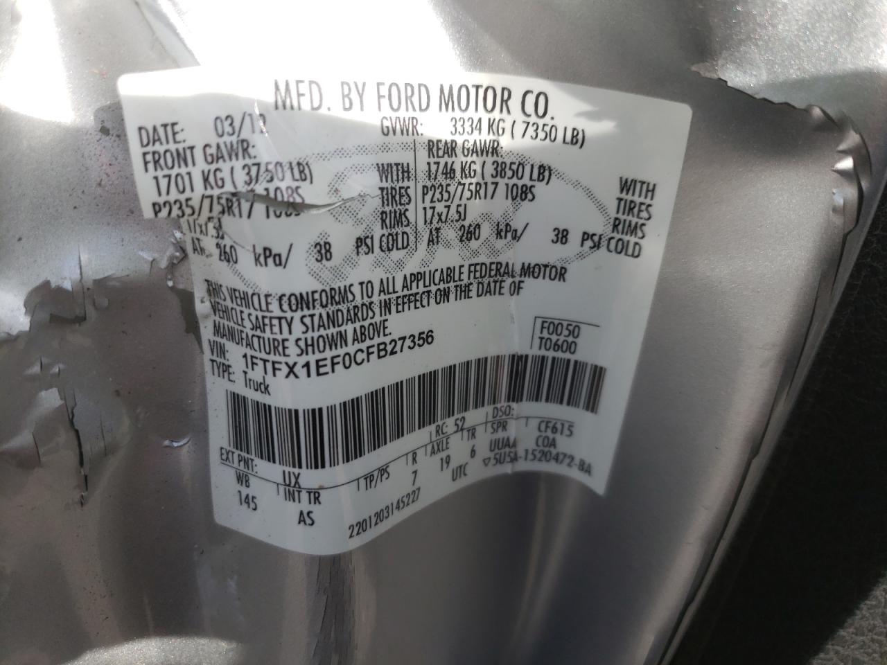 Photo 10 from auction – 2012 FORD F150 SUPER with VIN 1FTFX1EF0CFB27356