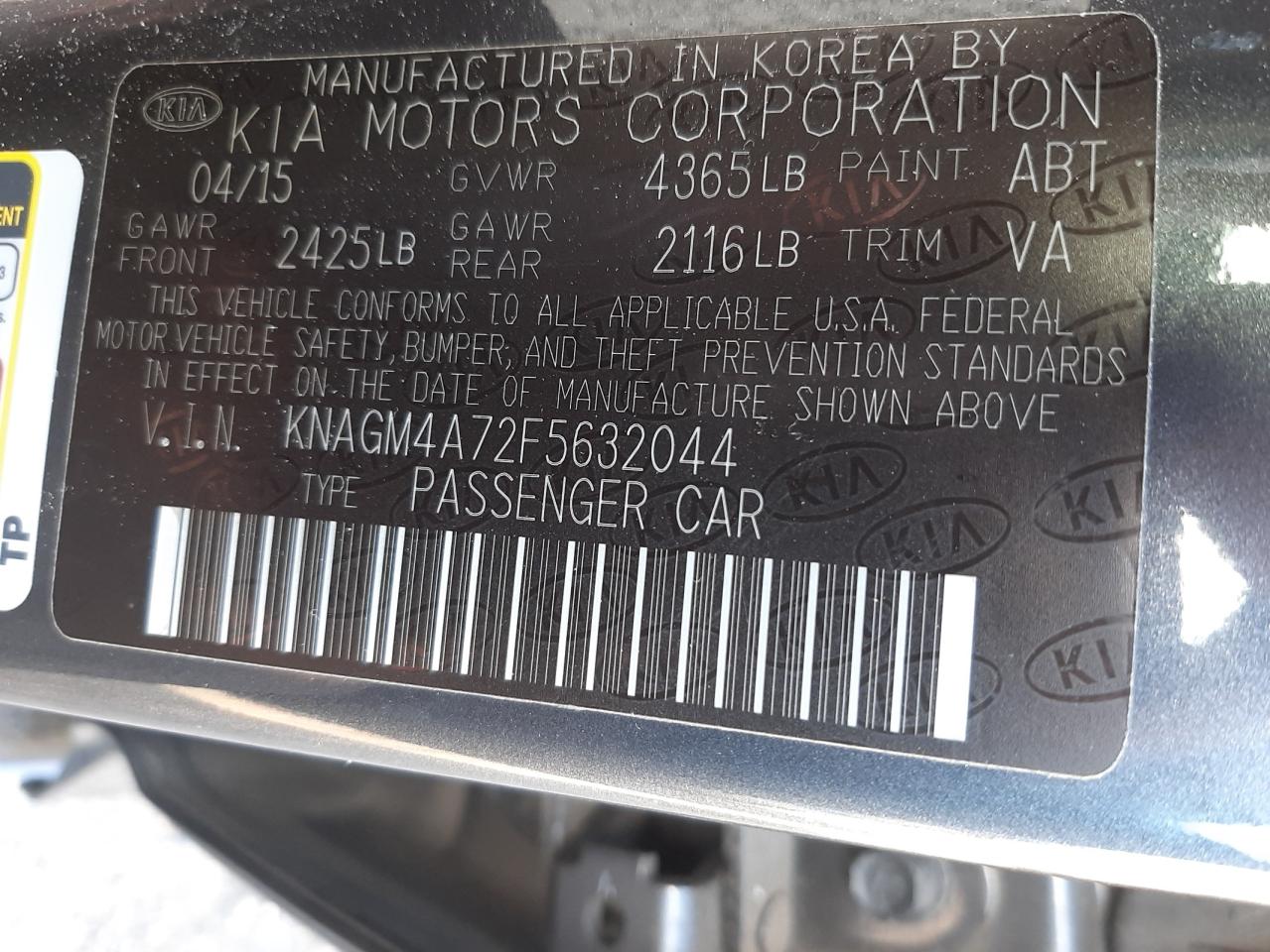 Photo 10 from auction – 2015 KIA OPTIMA LX with VIN KNAGM4A72F5632044