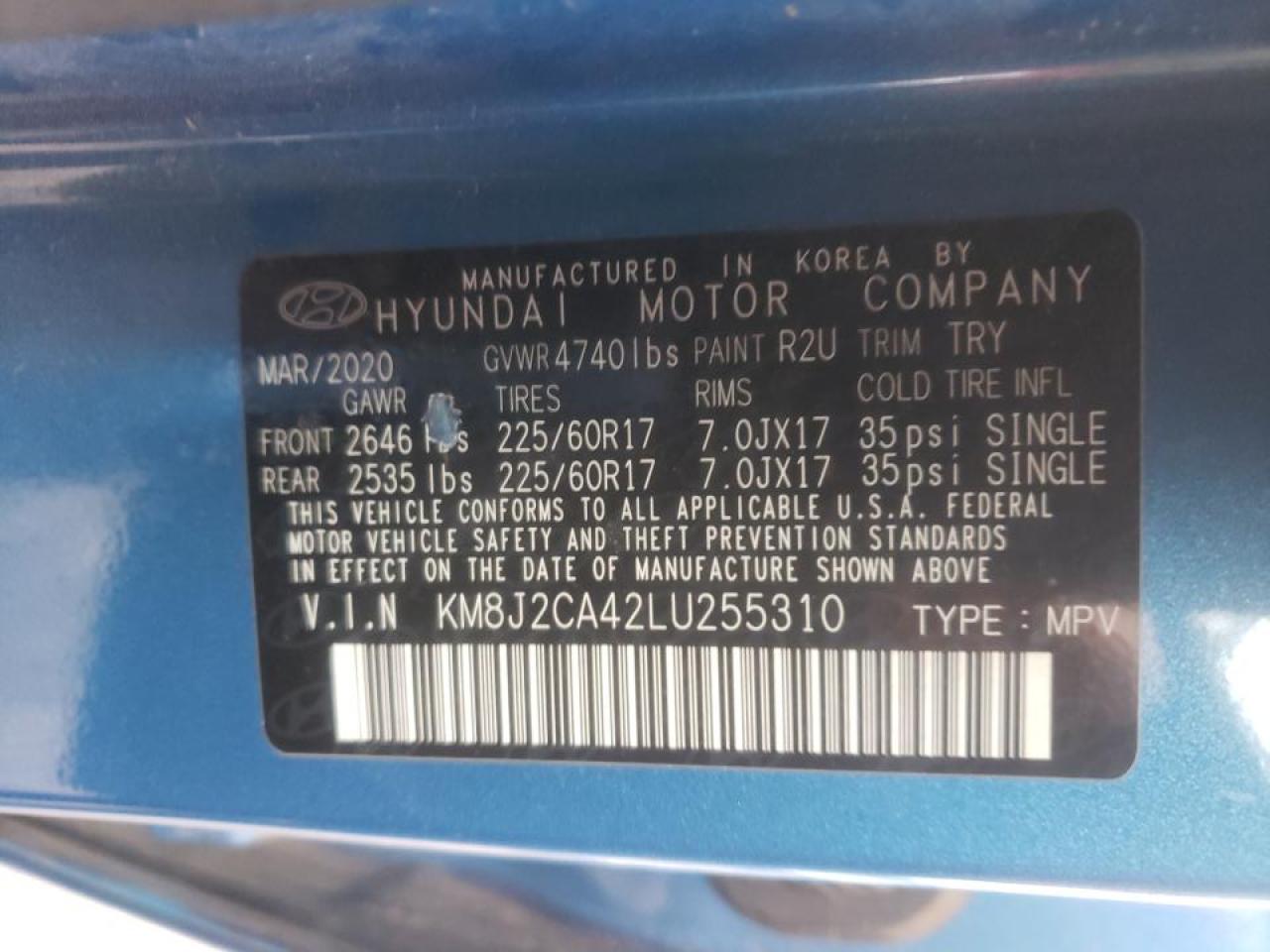 Photo 10 from auction – 2020 HYUNDAI TUCSON SE with VIN KM8J2CA42LU255310
