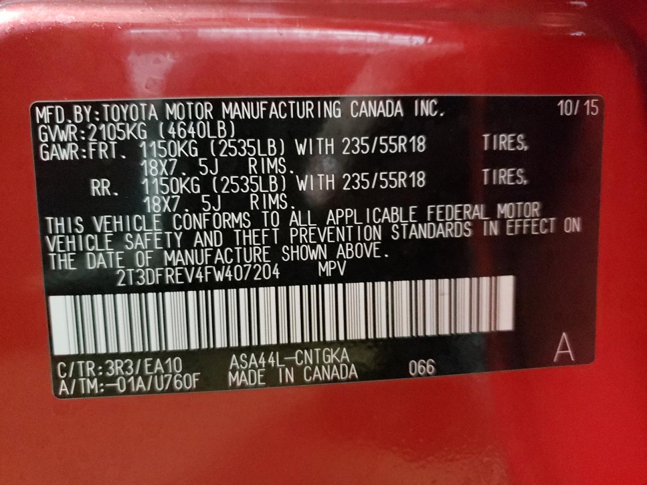 Photo 10 from auction – 2015 TOYOTA RAV4 LIMIT with VIN 2T3DFREV4FW407204