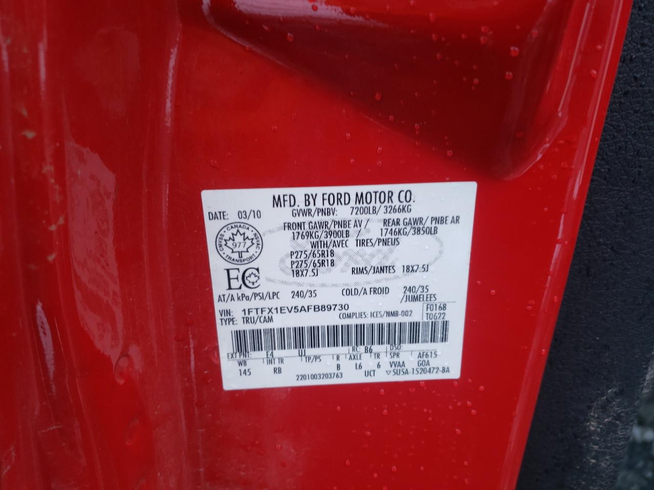 Photo 10 from auction – 2010 FORD F150 SUPER with VIN 1FTFX1EV5AFB89730