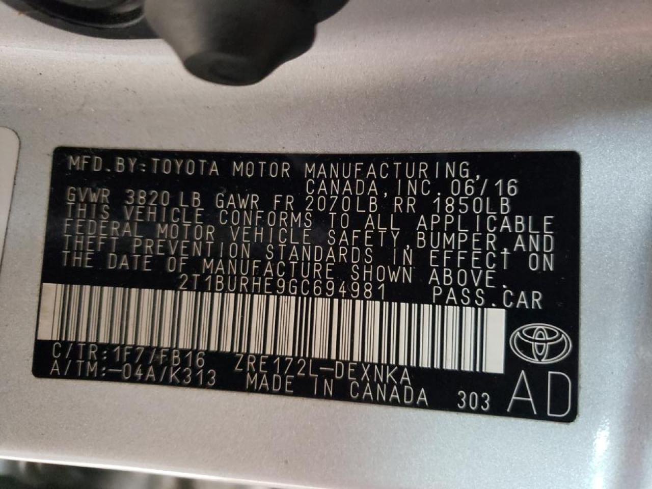 Photo 10 from auction – 2016 TOYOTA COROLLA L with VIN 2T1BURHE9GC694981