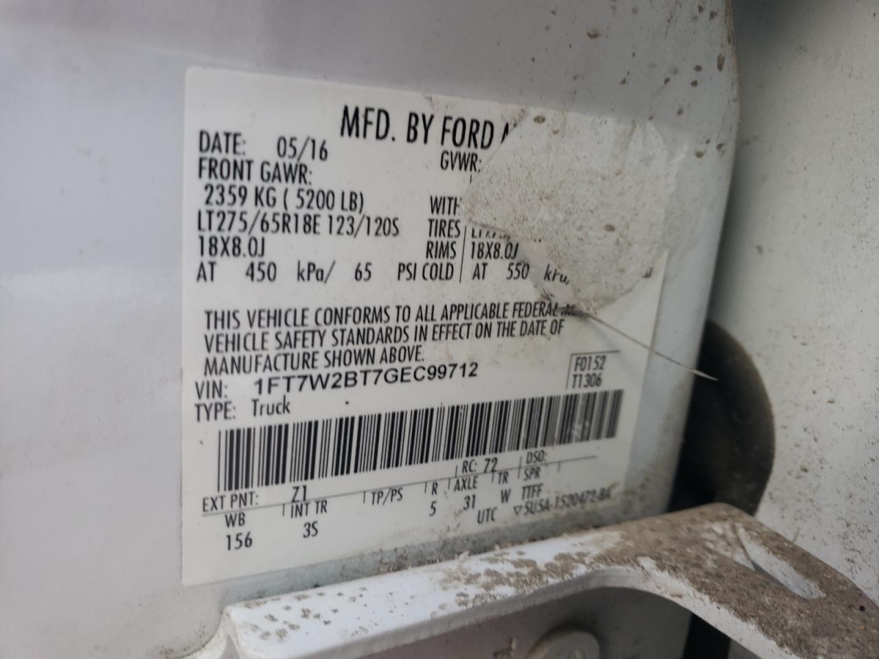 Photo 10 from auction – 2016 FORD F250 SUPER with VIN 1FT7W2BT7GEC99712