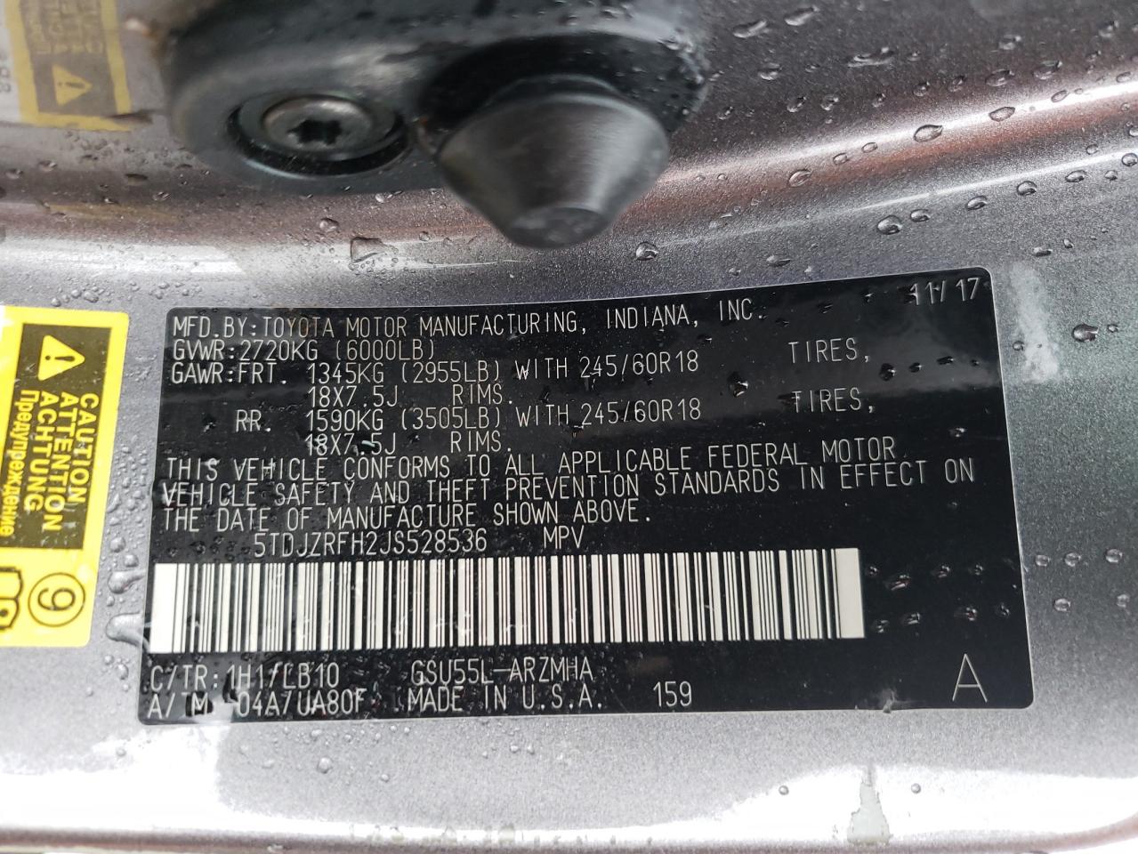 Photo 10 from auction – 2018 TOYOTA HIGHLANDER with VIN 5TDJZRFH2JS528536