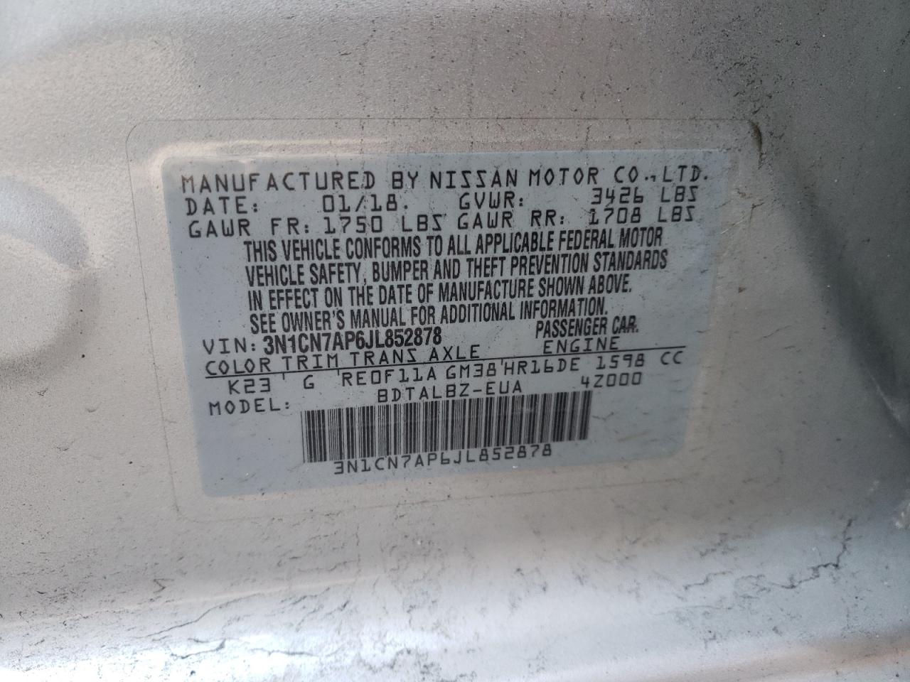 Photo 10 from auction – 2018 NISSAN VERSA S with VIN 3N1CN7AP6JL852878
